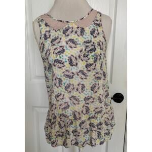 Free People Small Lace Neck Line Sleeveless Shirt Pink Blue Floral